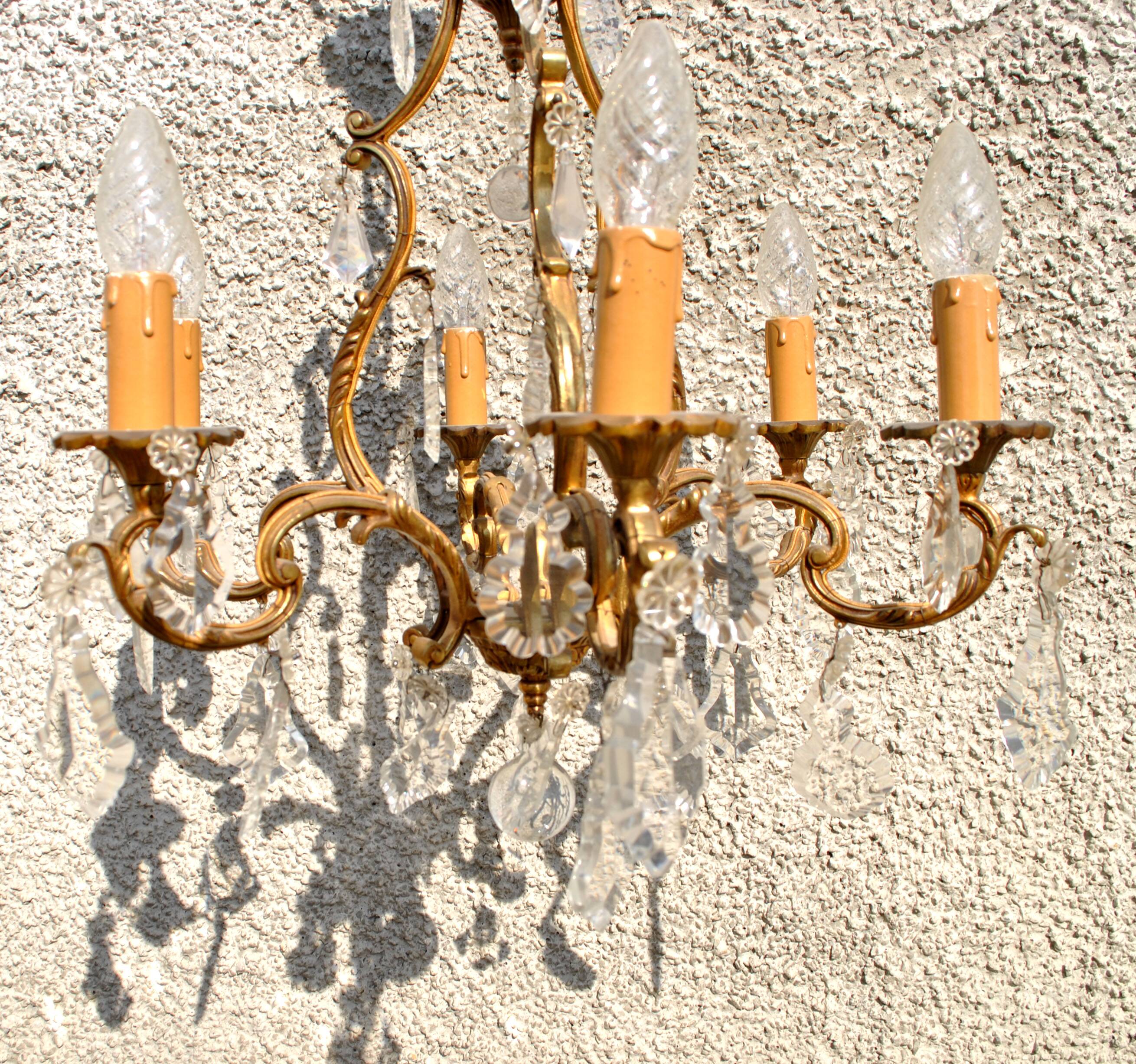 Retro bronze and crystal tassel chandelier - 6-light pendant lamp