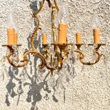 Retro bronze and crystal tassel chandelier - 6-light pendant lamp