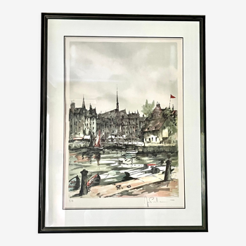 Lithographie du port de Honfleur par Jean-pierre Laurent