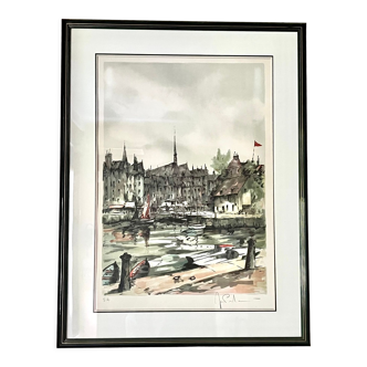 Lithographie du port de Honfleur par Jean-pierre Laurent