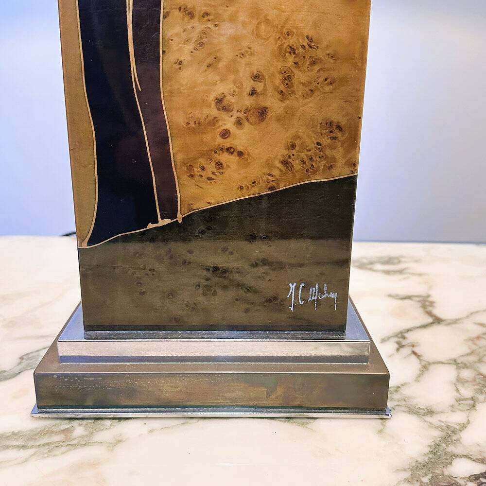 Rare 1970s Jean-Claude Mahey table lamp in burl wood with abstract inlay