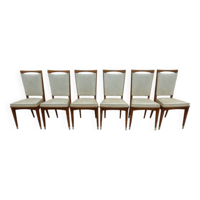 6 chaises vintage en simili cuir beige, bois massif et pieds laiton