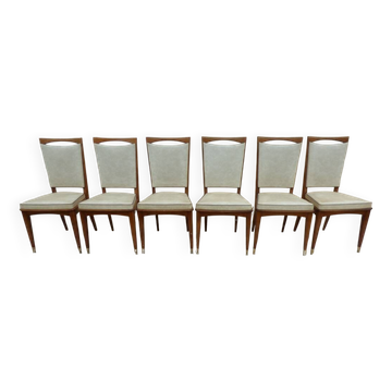 6 Vintage chairs in white beige imitation leather and solid wood with brass legs