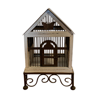 Cage à oiseaux en fer et bois