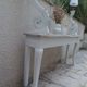 Console with a weathered grey cotton base, top in bleached walnut.