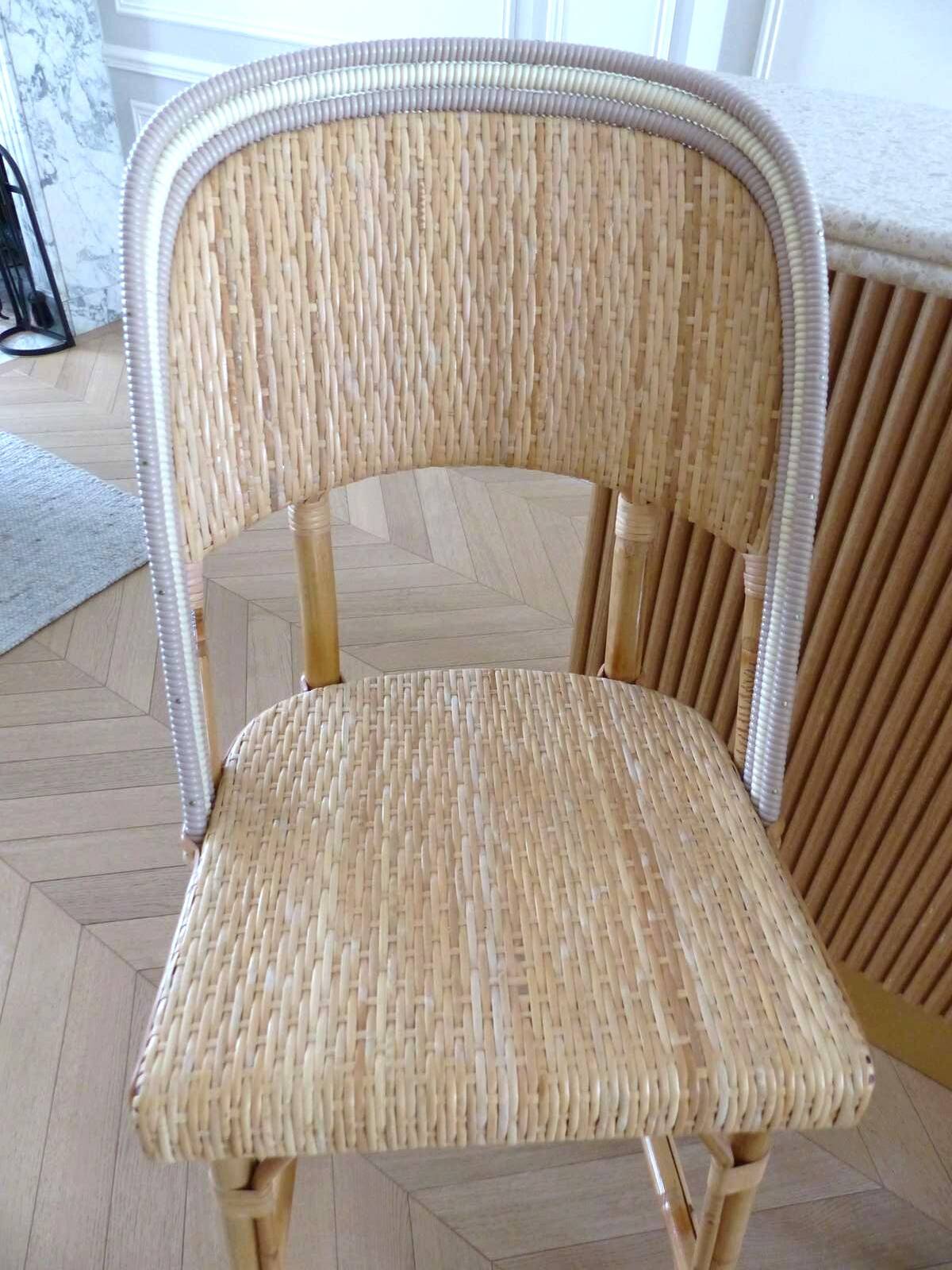 Lot of 3 Maison Louis Drucker light Manila rattan bistro high chairs.