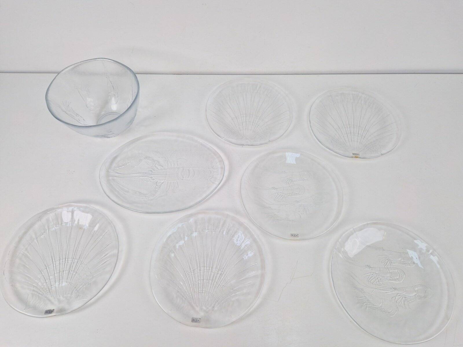 Vintage Glass Seafood Serving Bowl, Plate and Dinner Plates by Ann Warff for Kosta Boda, Sweden, 1970s, Set of 8