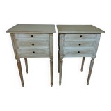 Pair of patinated bedside tables. Three drawers. End tables.
