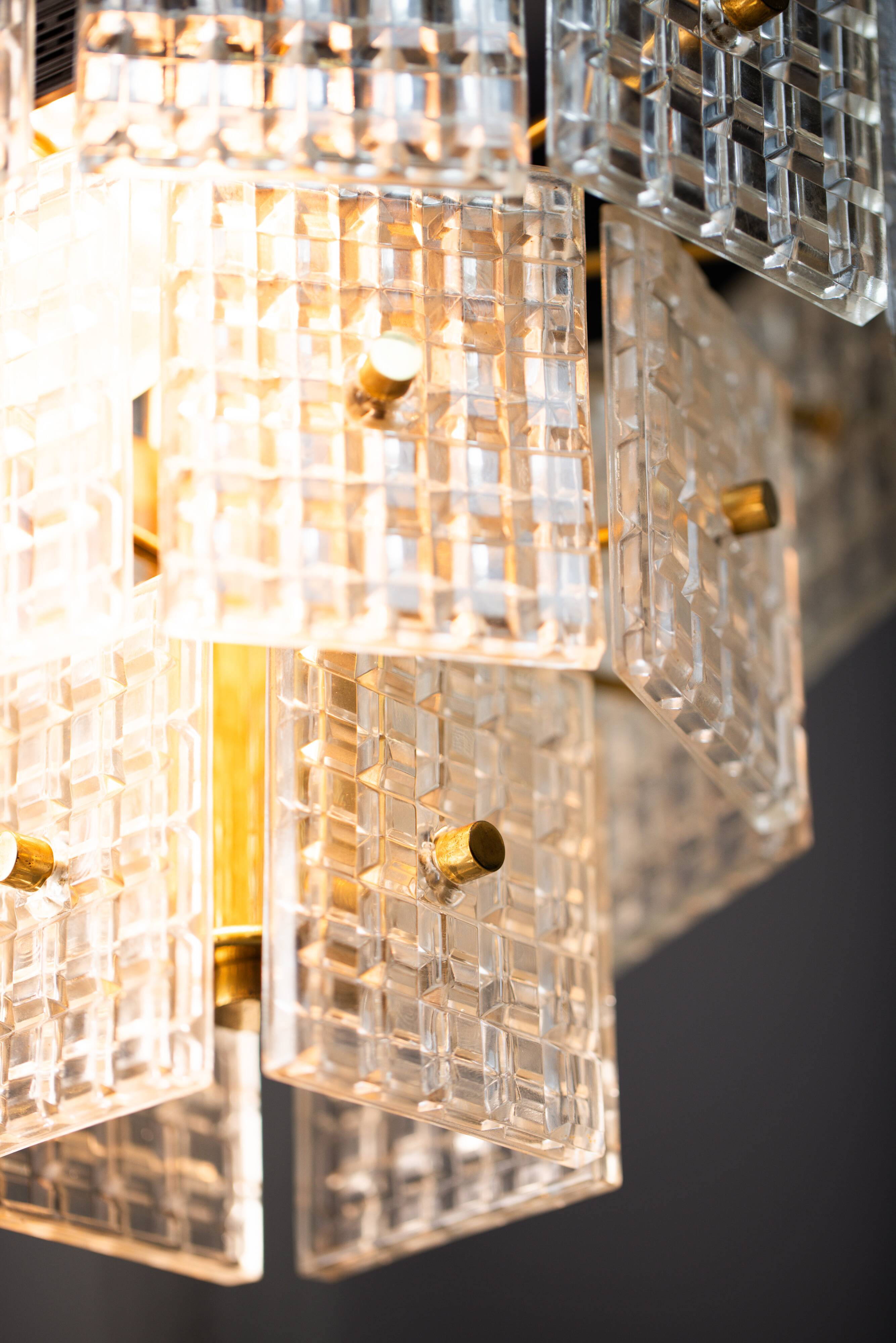 Vintage Embossed Glass Chandelier: 1970s Brass Pendant Lamp