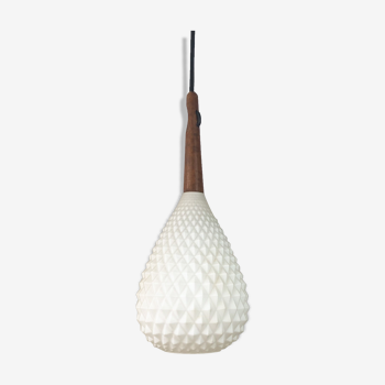 Scandinavian teak and opaline hanging lamp