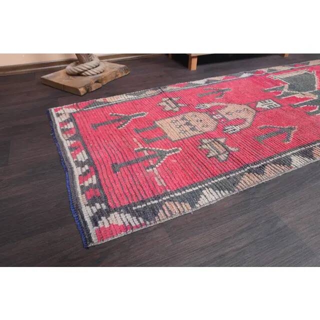 Vintage Turkish Hand-Knotted Wool Cotton Pink Runner Rug 85x260