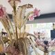 Venetian glass chandelier with pink and gold floral decoration – 6 lights