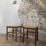 Pair of 20th century wooden stools with straw seats