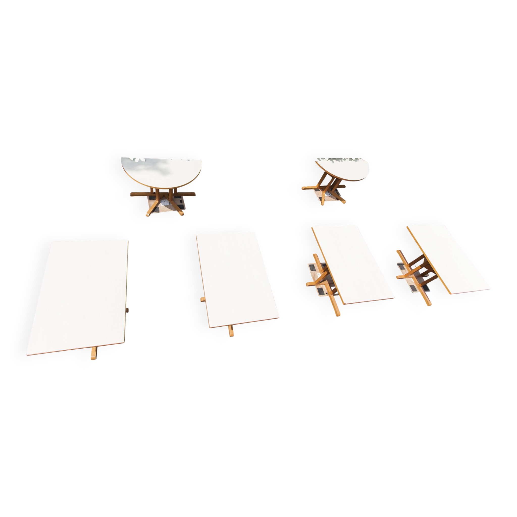 Rare set de 6 tables Baumann 1990, 80x120 et demi lune 120cm