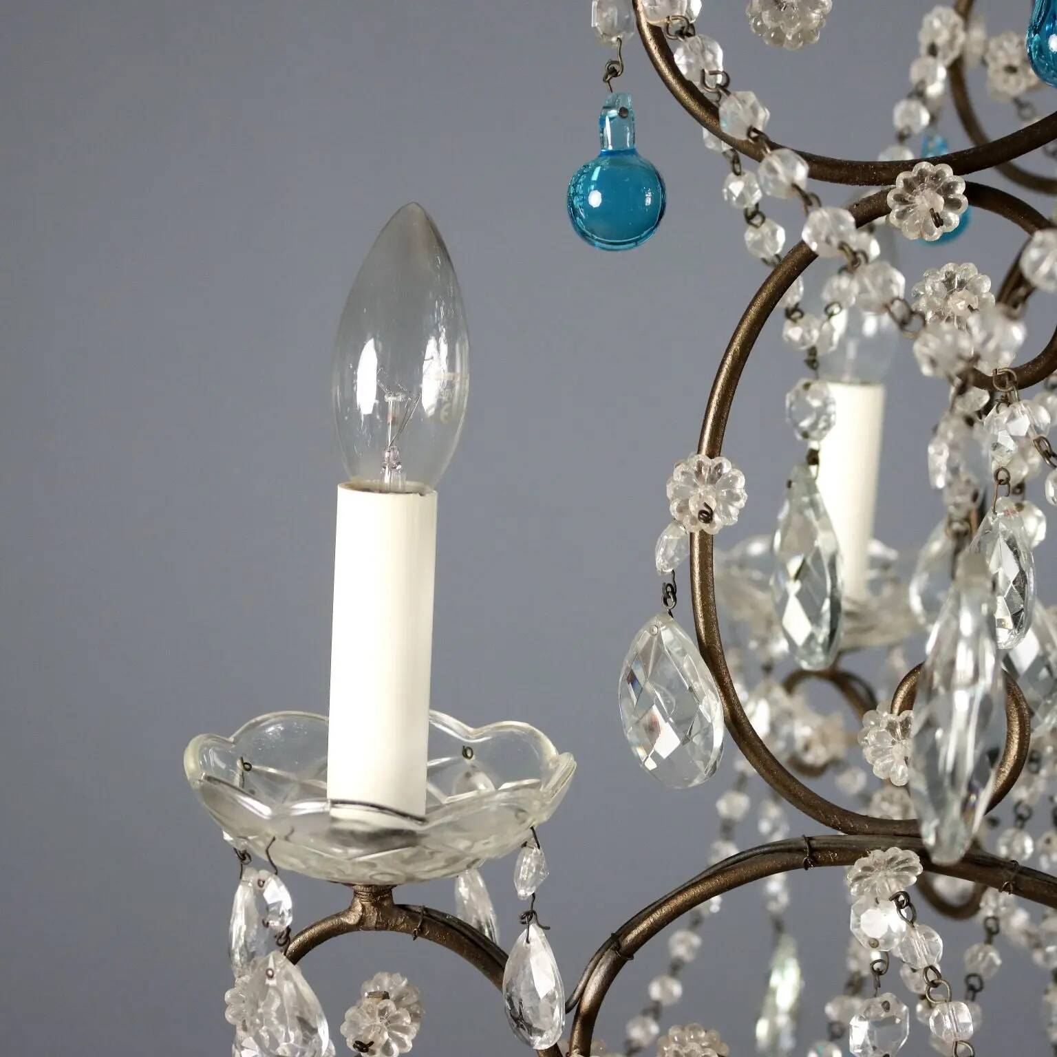 Pair of antique chandeliers in burnished iron and glass, 6 lights, Italy, 19th century.