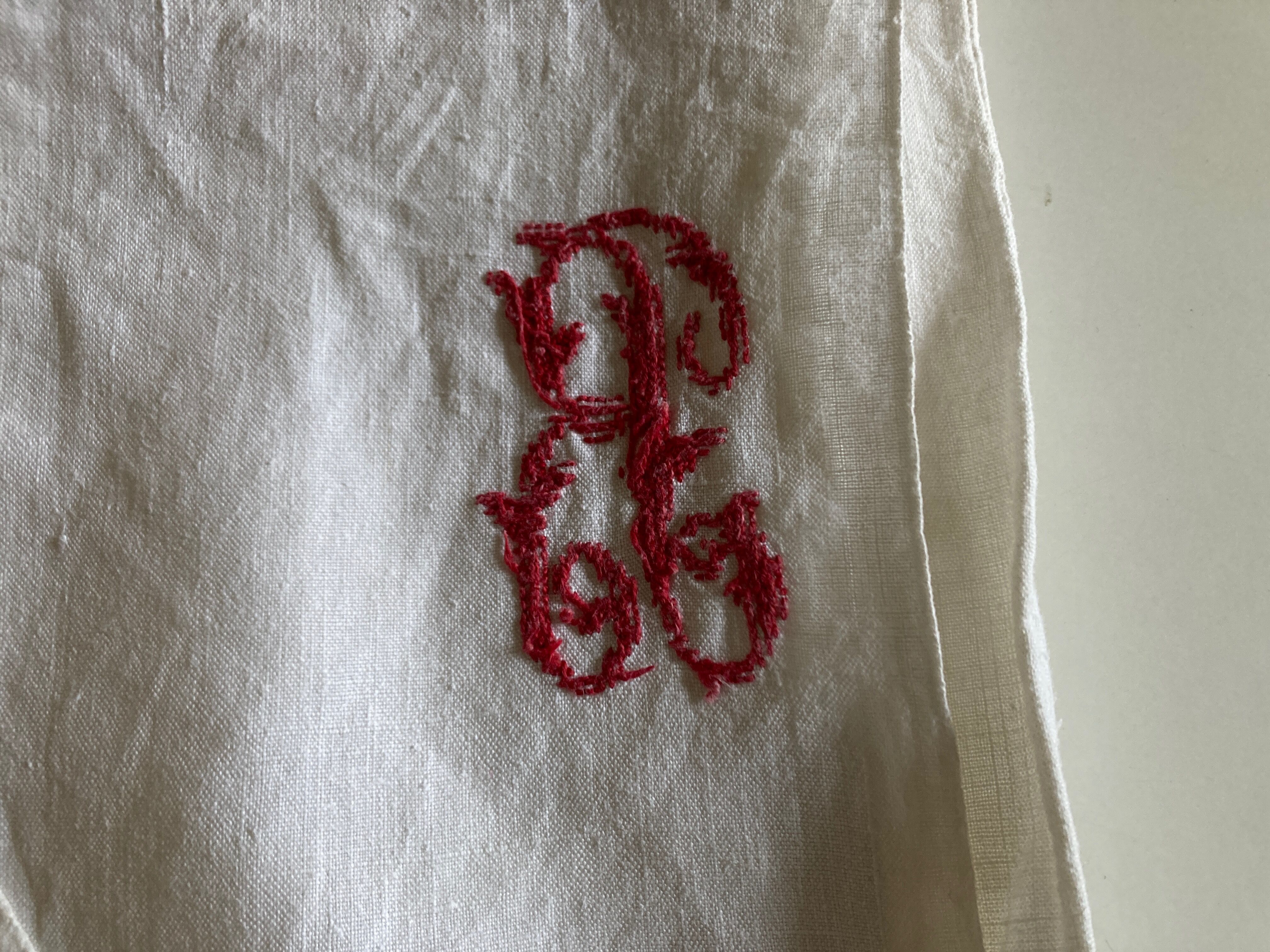 19th century embroidered linen thread tablecloth embroidered red