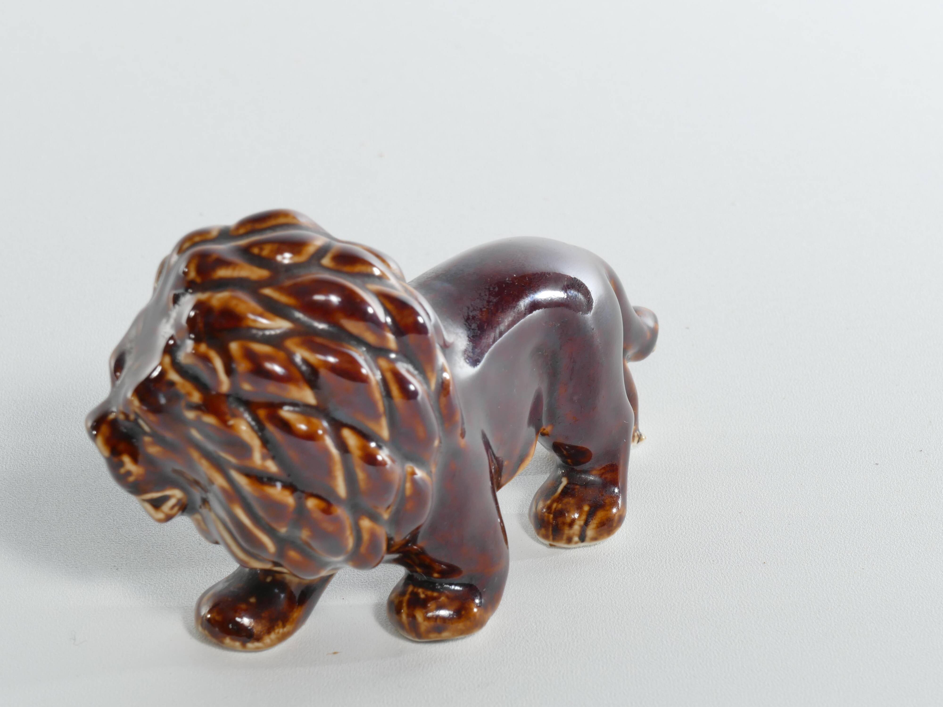 Mid-Century Modern Chinese Brown Glazed Lion Figurine