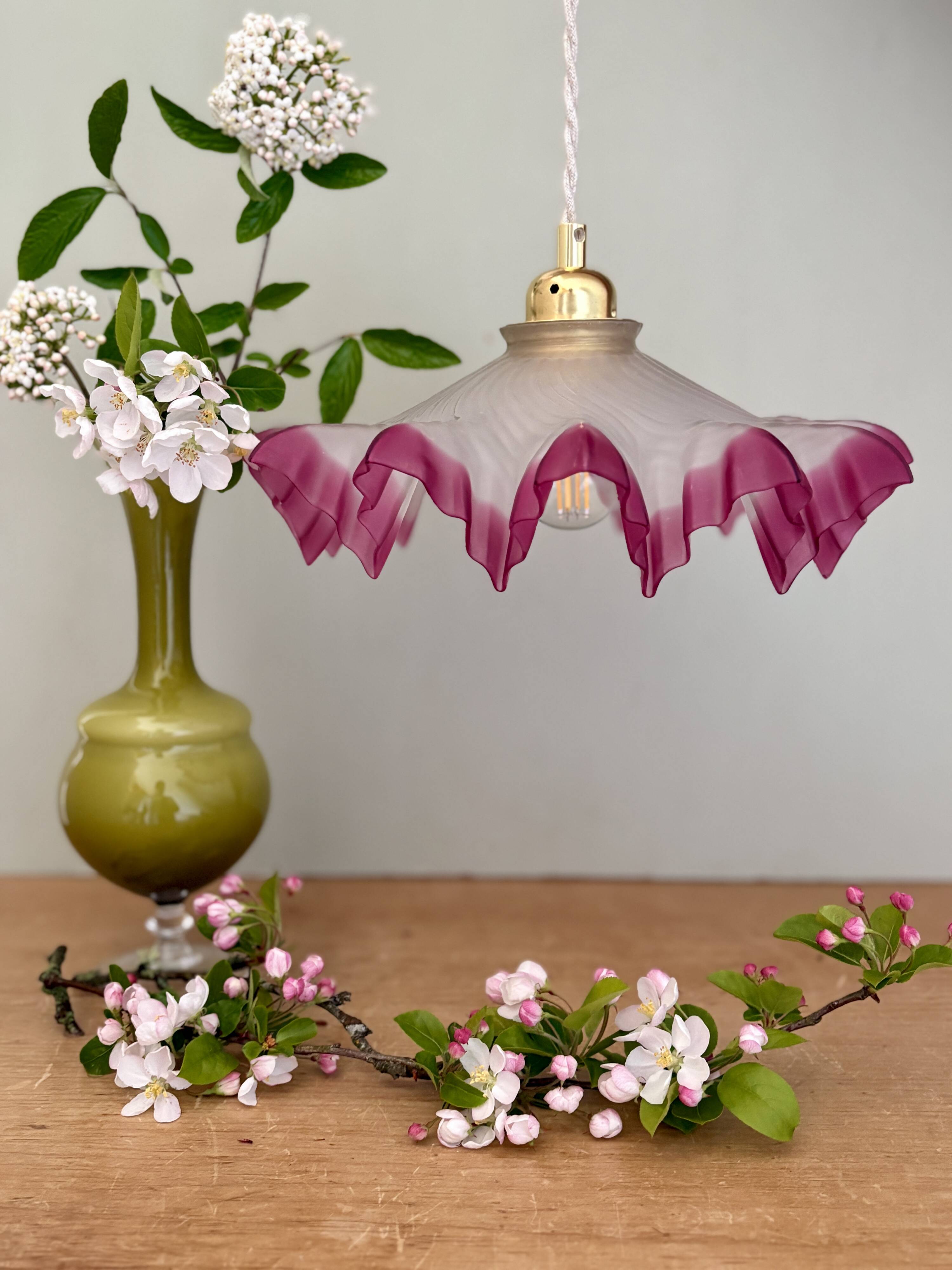 Vintage lace lampshade pendant light in pink frosted glass