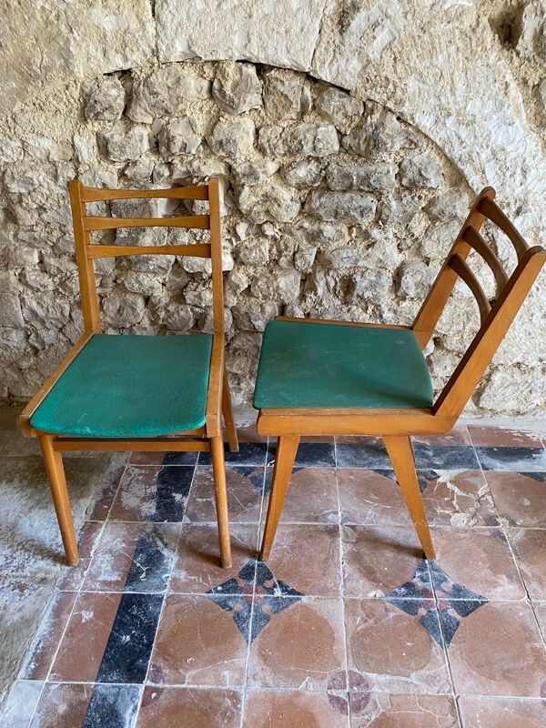 Chaises vintage années 50/60 bois assise tissu vert canard