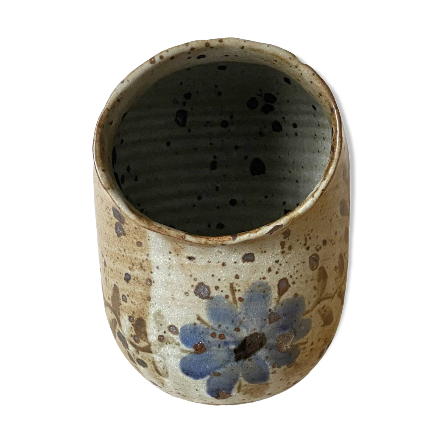Stoneware salt pot, blue flower decor