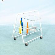 Space age dessert trolley from the 1970s, with metal tubes and glass trays.