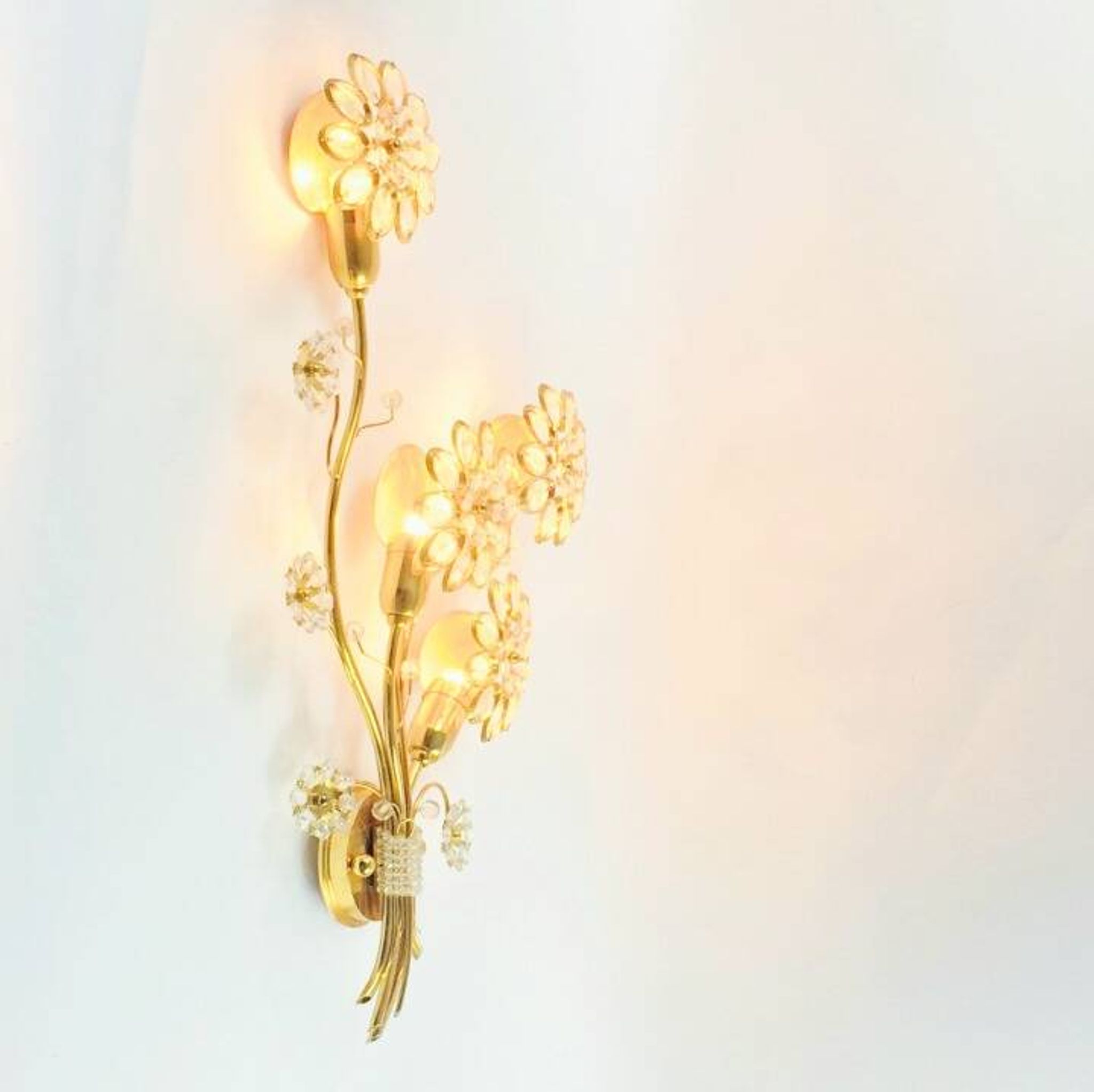 Large Gilt Brass & Crystal Flower Shape Wall Light from Palwa, 1970s