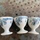 3 white earthenware egg cups, blue foliage decor, Grigny fire clay, made in France