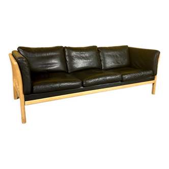 Danish 3 seater black leather sofa with wooden frame