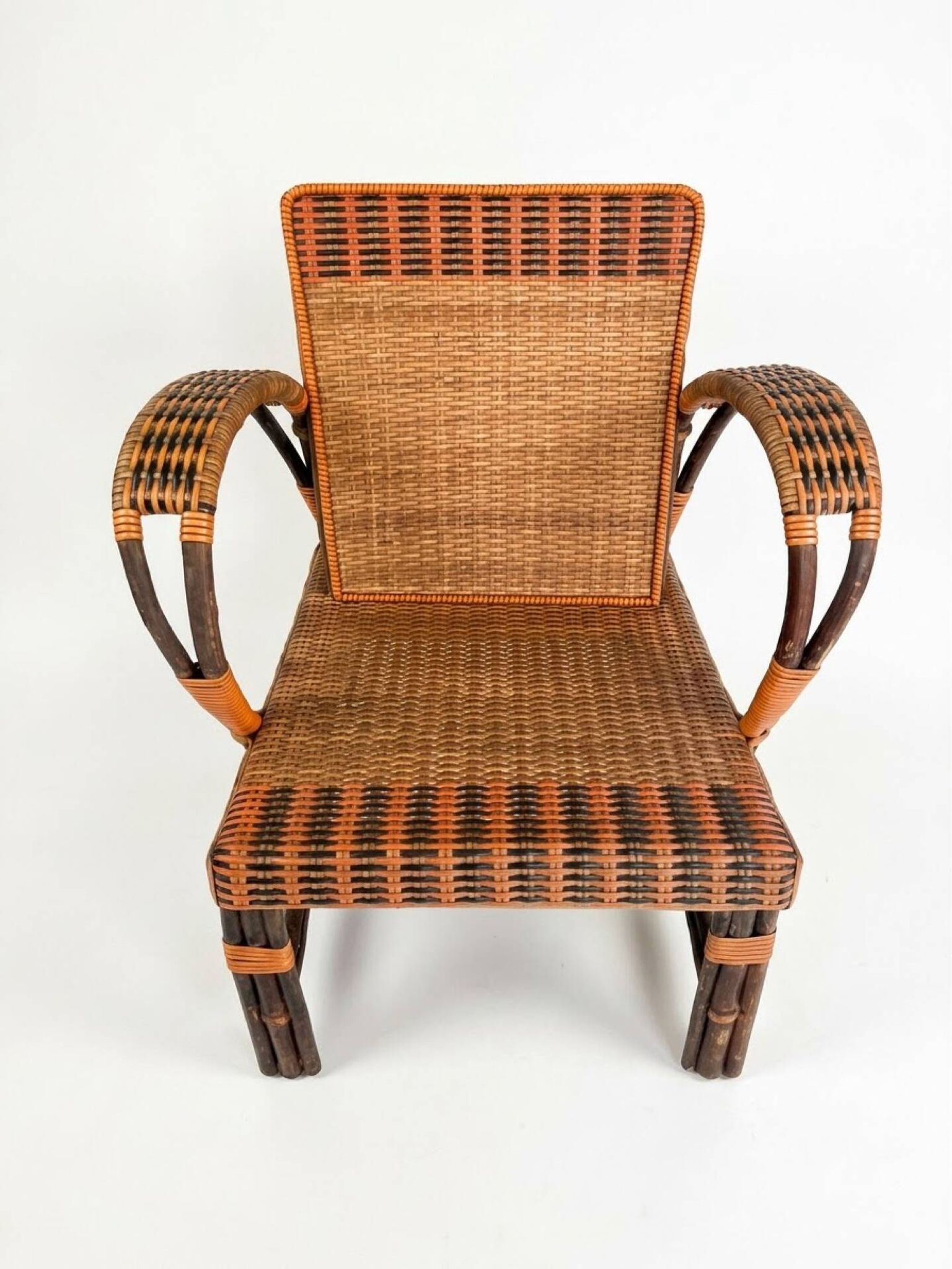 Vintage low armchair in rattan & two-tone weaving 1960s