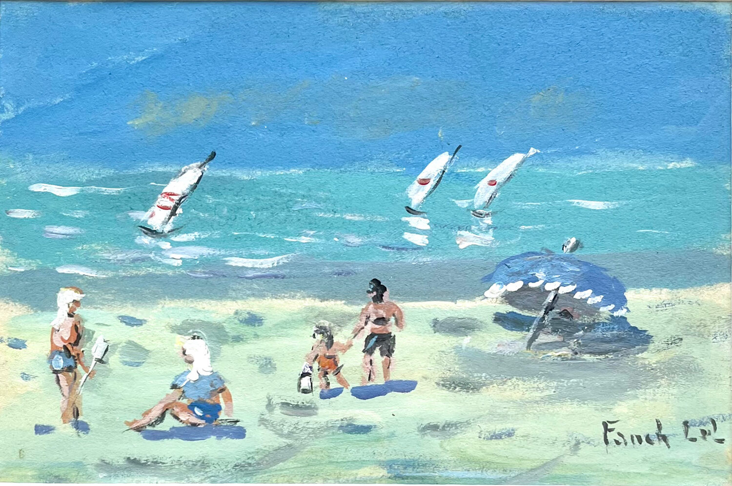 Plaisirs de la plage in Saint Lunaire, gouache on cardboard signed Fanch Lel