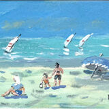 Plaisirs de la plage in Saint Lunaire, gouache on cardboard signed Fanch Lel