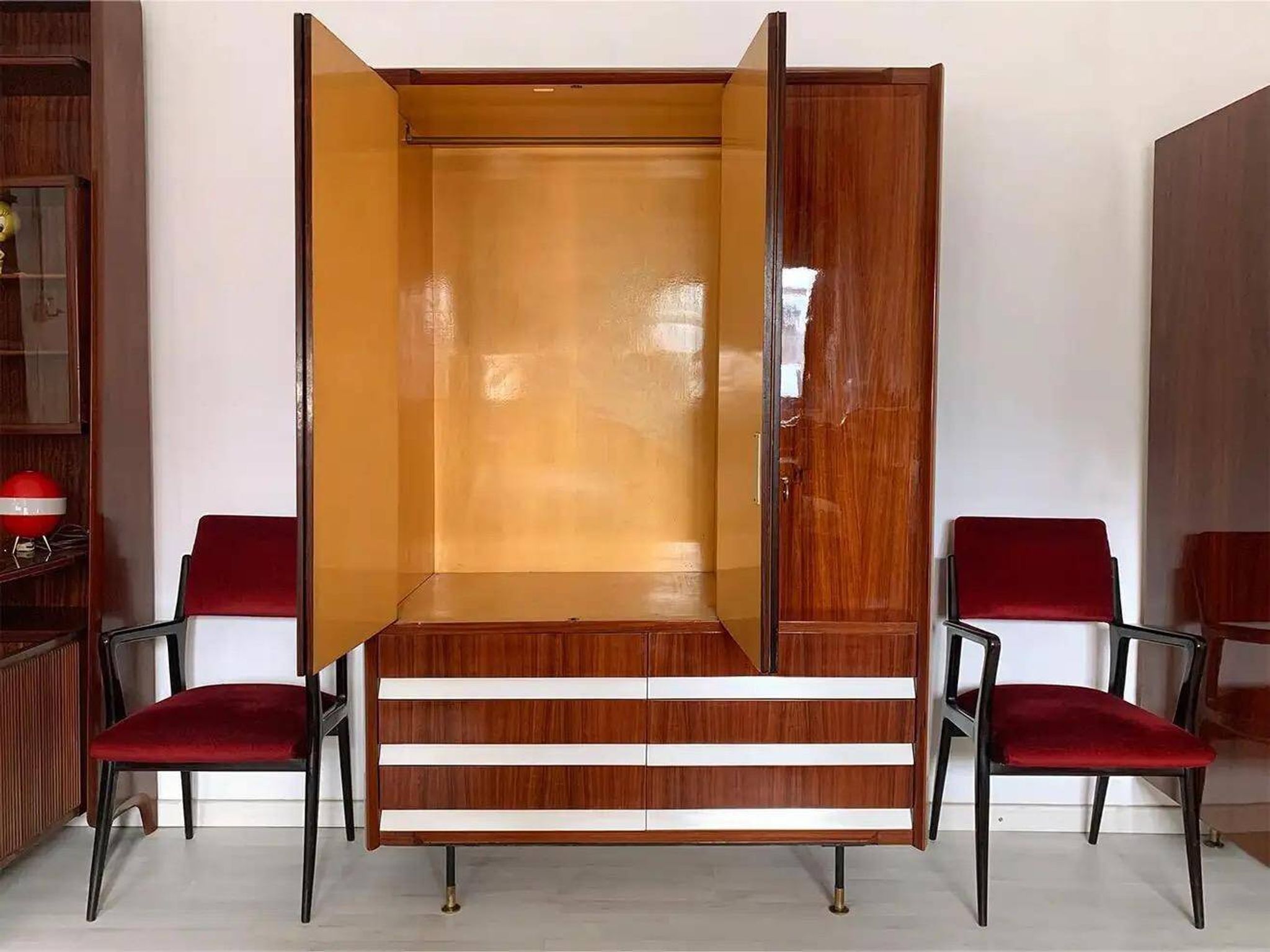 Vintage Italian Wardrobe, Walnut, Fluted Wood, Brass Feet 1950s italian