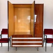 Vintage Italian Wardrobe, Walnut, Fluted Wood, Brass Feet 1950s italian