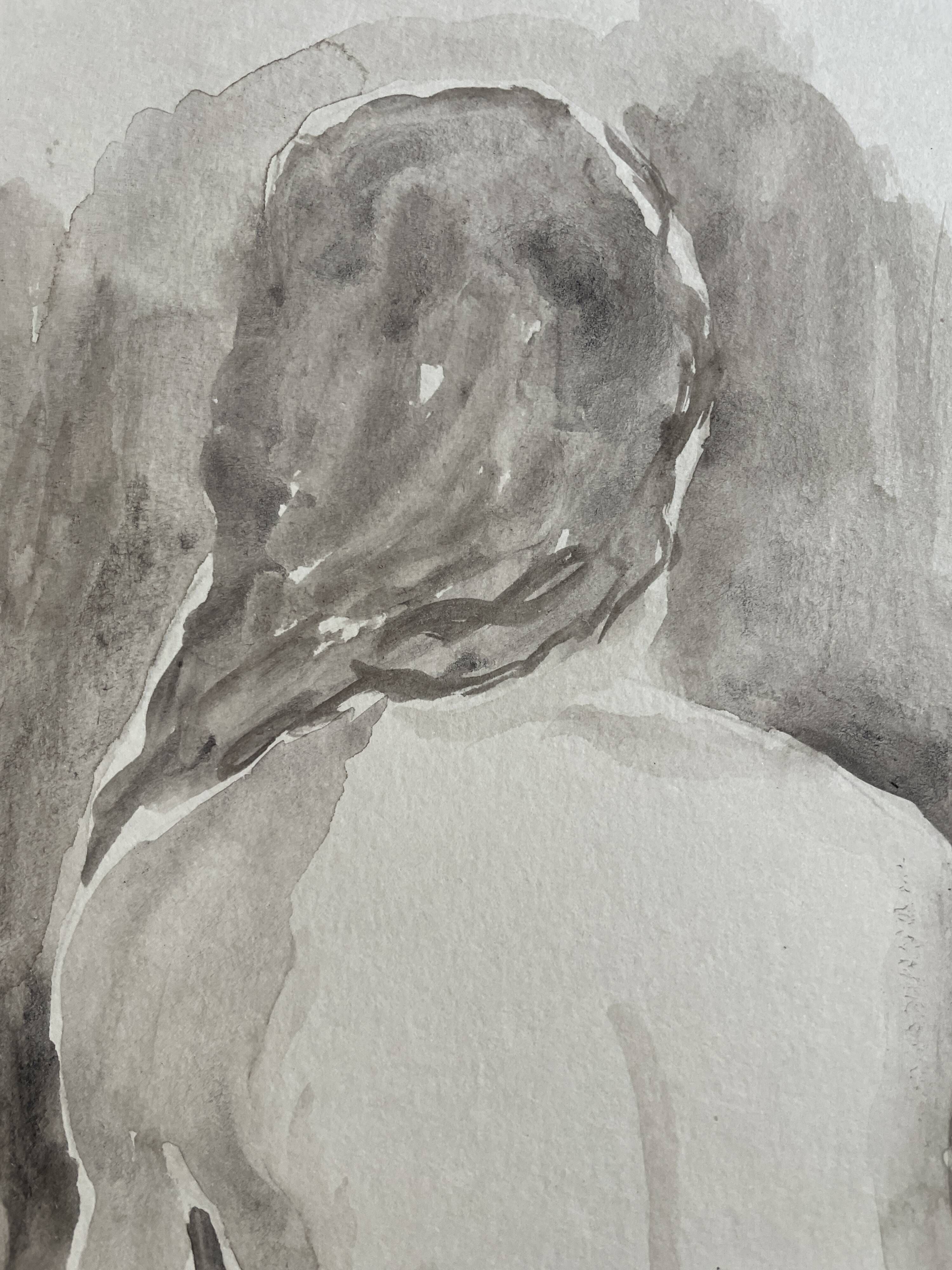 Painting signed watercolor monochrome sepia female nude portrait seated from behind