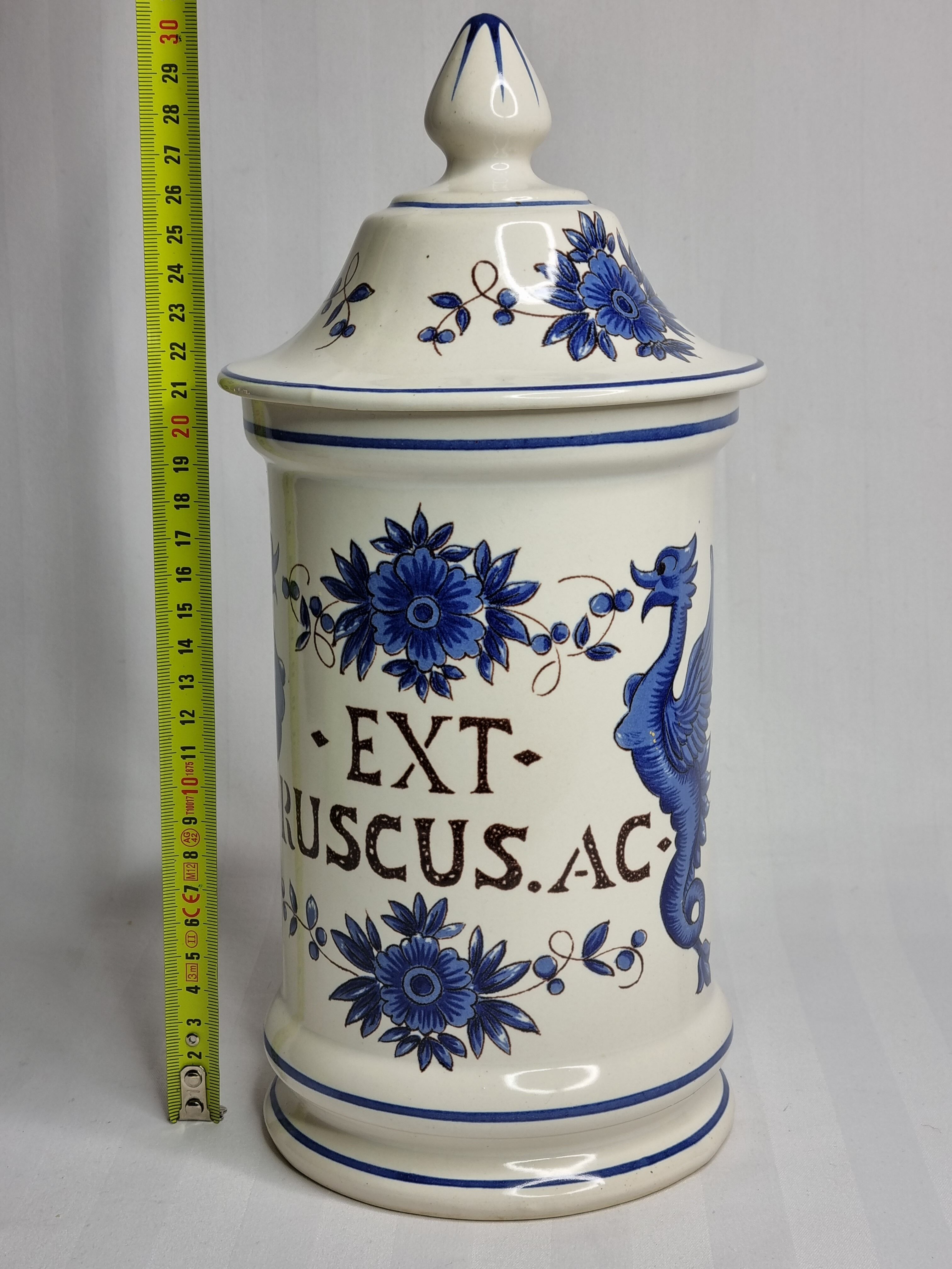 Apothecary pot "Ex. ruscus" decorated with Chimera decoration in glazed ceramic of St-Clément, 31 cm