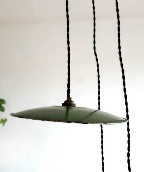 Trio pendant lights in enamelled industrial sheet metal