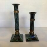 Pair of green patinated brass candlesticks