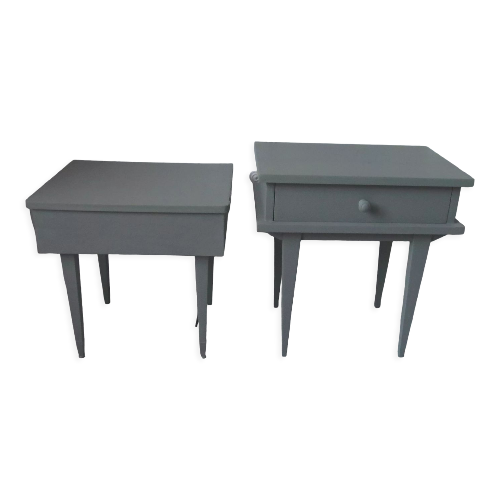 Duo of bedside tables, mismatched vintage sofa ends green of gray