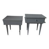 Duo of bedside tables, mismatched vintage sofa ends green of gray