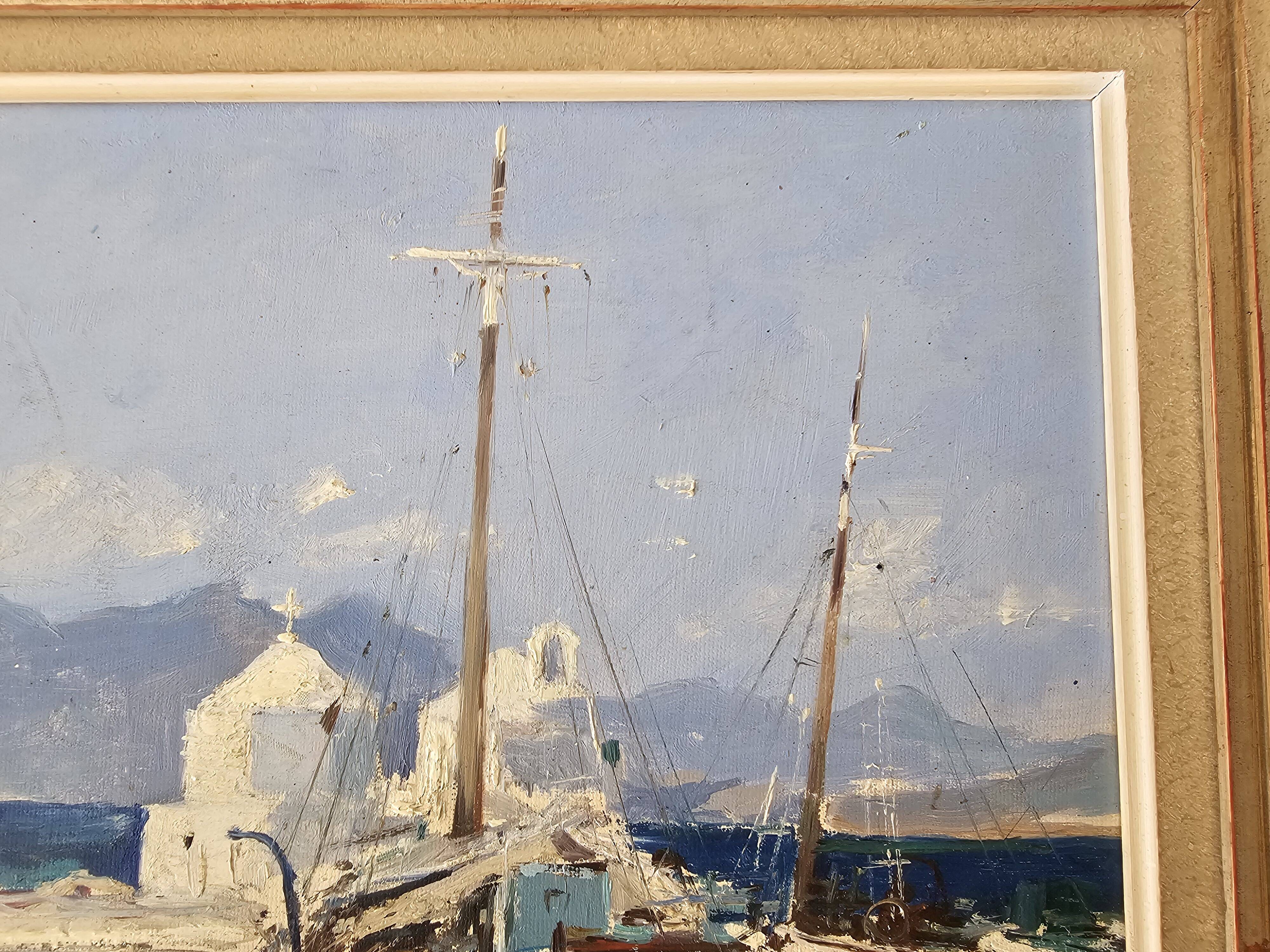 Tableau Huile sur Carton Paysage Grèce Marine - Signé René Marie Dujardin