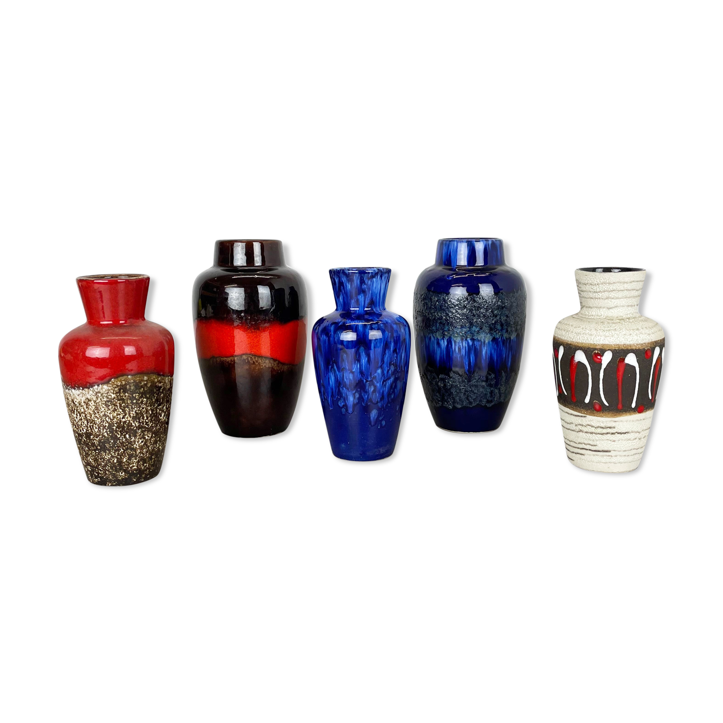 Set of Five Vintage Pottery Fat Lava Vases Made by Scheurich, Germany, 1970s