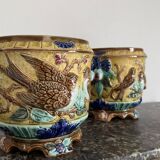 Pair of Art Nouveau Cache-Pots in Barbotine - Bird & Ribbon Decor - Fon