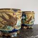 Pair of Art Nouveau Cache-Pots in Barbotine - Bird & Ribbon Decor - Fon