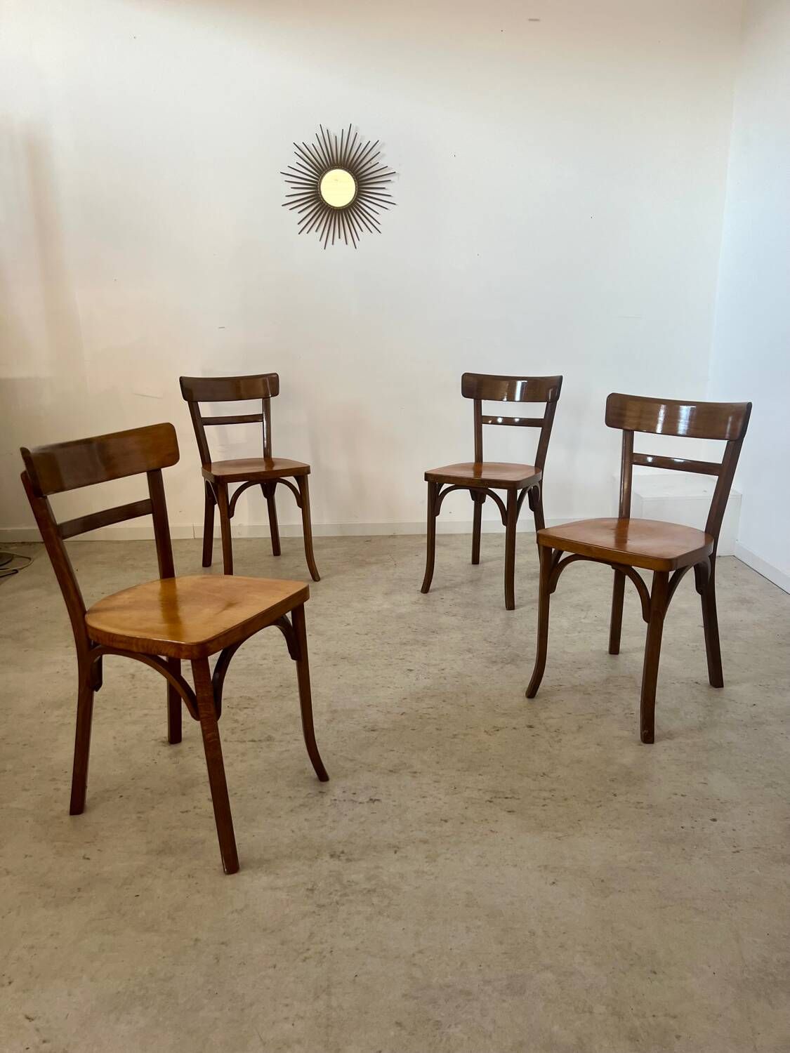 Set of 4 old vintage Baumann 50s wooden bistro chairs