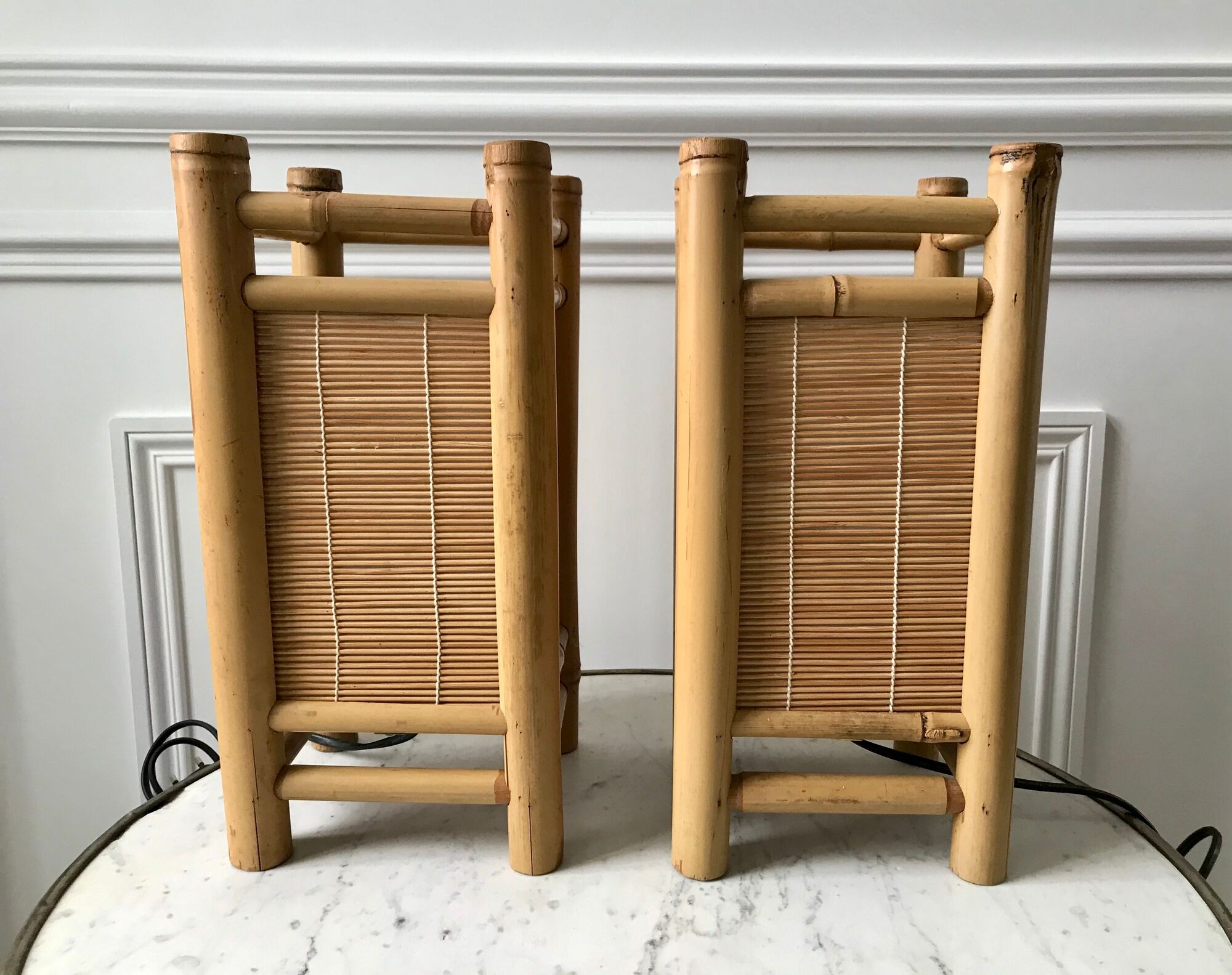 Pair of bedside lamps in rattan bamboo 70s