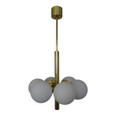 Sputnik Brass and Glass Ceiling Chandelier from Kaiser Idell / Kaiser Leuchten, Germany, 1960s