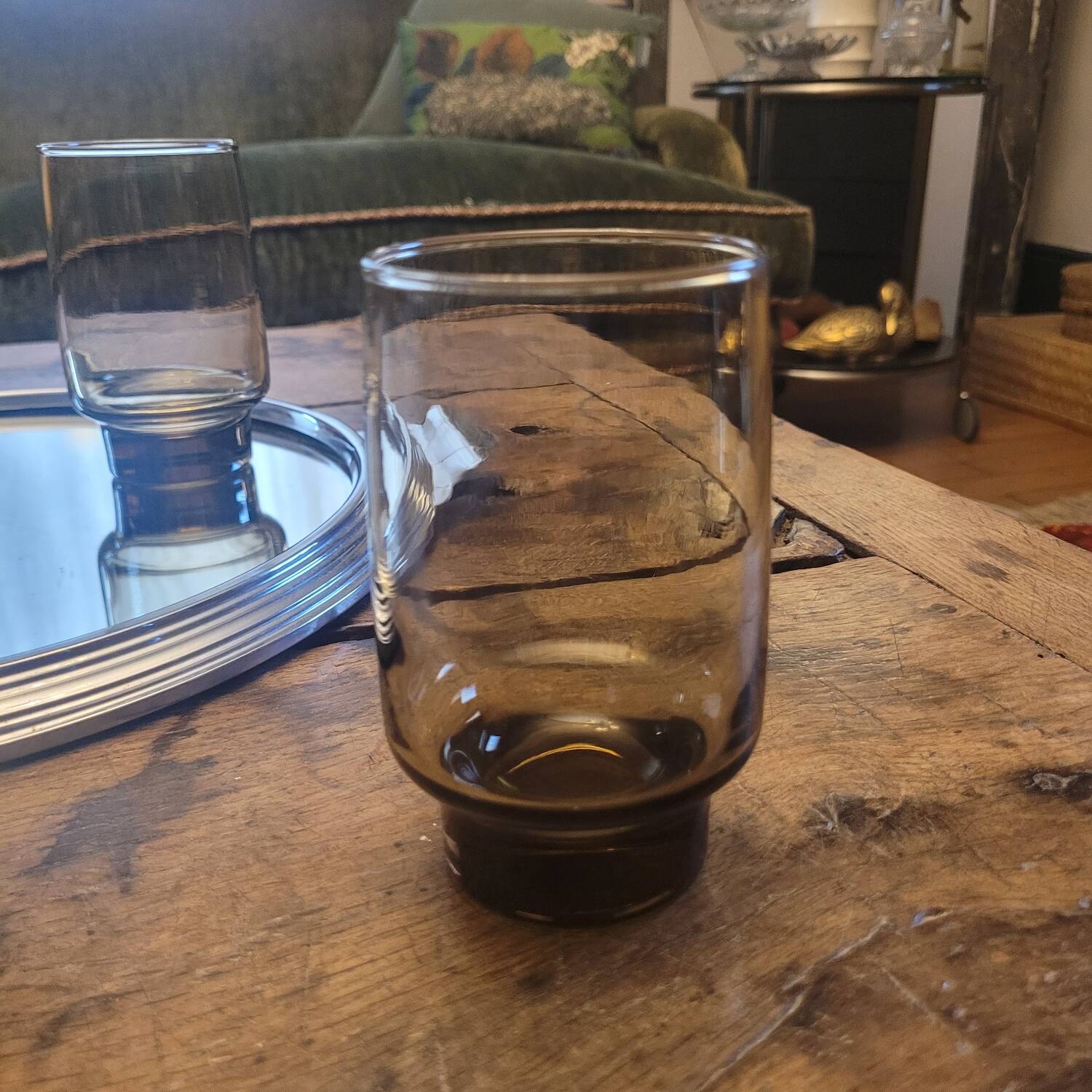 4 vintage 70s long drink glasses - green smoked glass