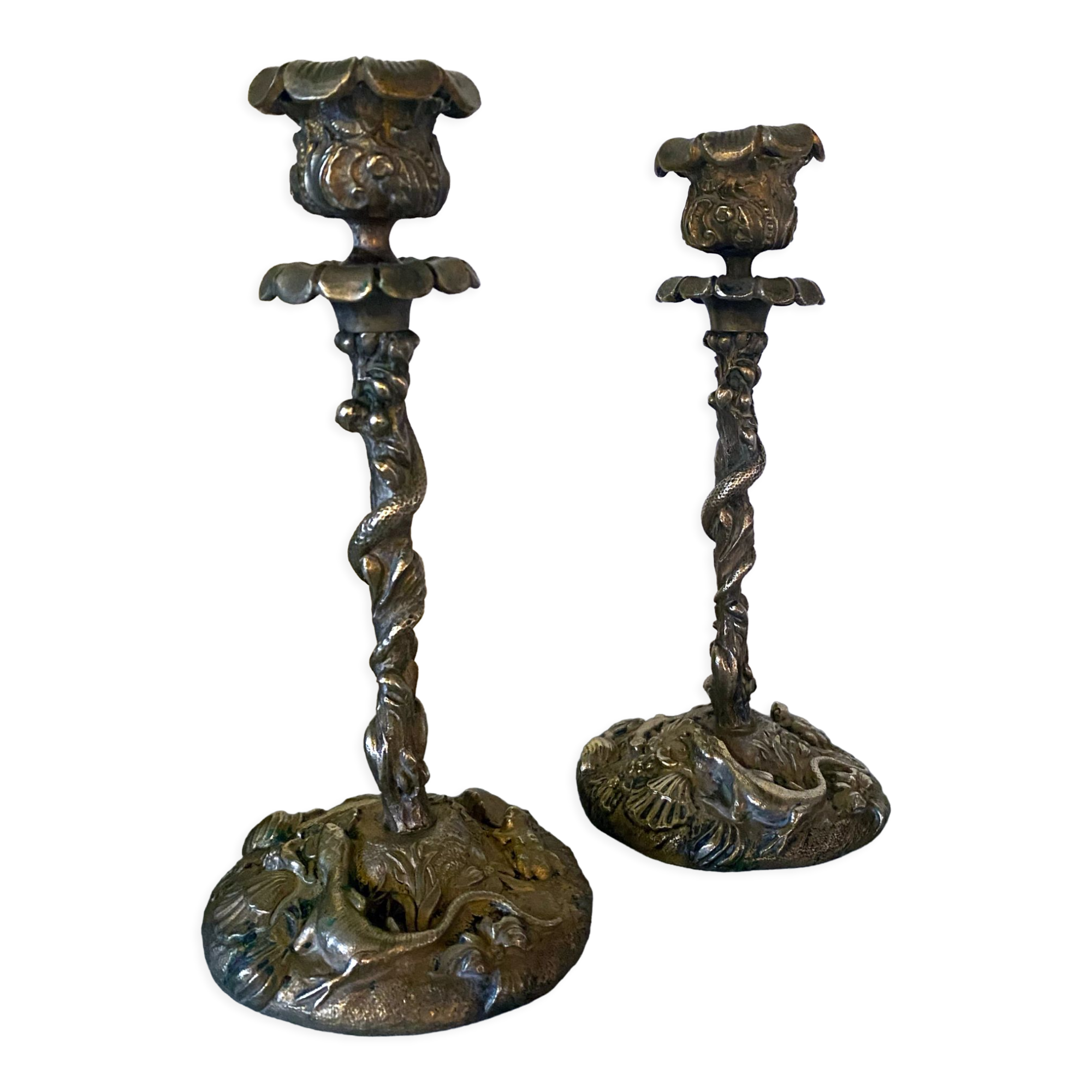 Pair of candlesticks with naturalistic decorations (gothic art nouveau) snake, salamander