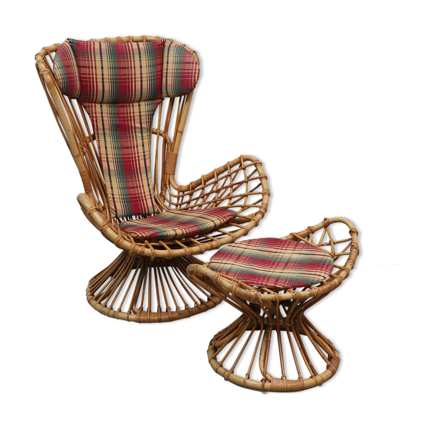 Armchair With bamboo stool covered with a cushion in suede fabrics from 1960s