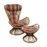 Armchair With bamboo stool covered with a cushion in suede fabrics from 1960s